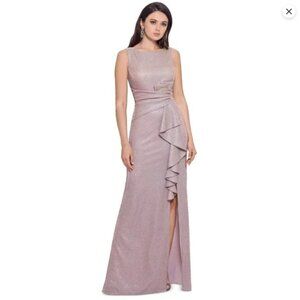 Betsy & Adam Sleeveless Glitter Draped Gown Pink White Gold S1791